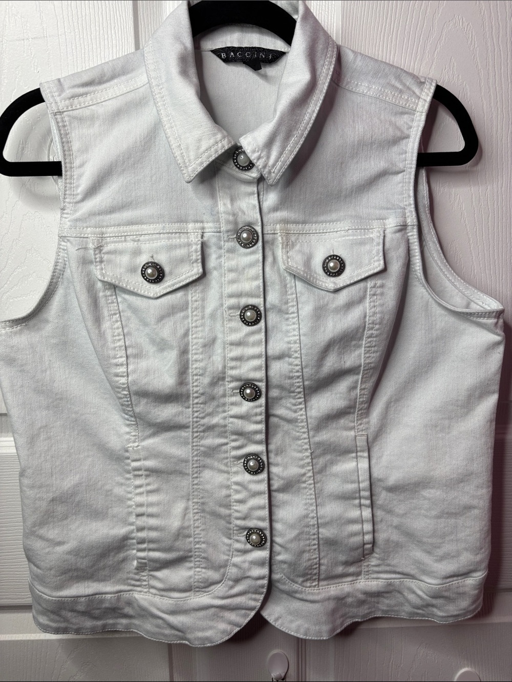 Baccini White Denim Vest Sleeveless Jean Jacket Metal Buttons